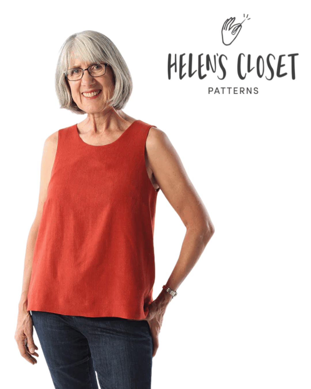 Woman wearing a red sleeveless top with 'Helen's Closet Patterns' logo above.